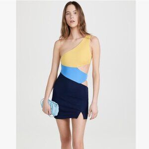 NWT STAUD Letta Asymmetric Jersey One Shoulder Mini Dress Party Yellow Blue XL